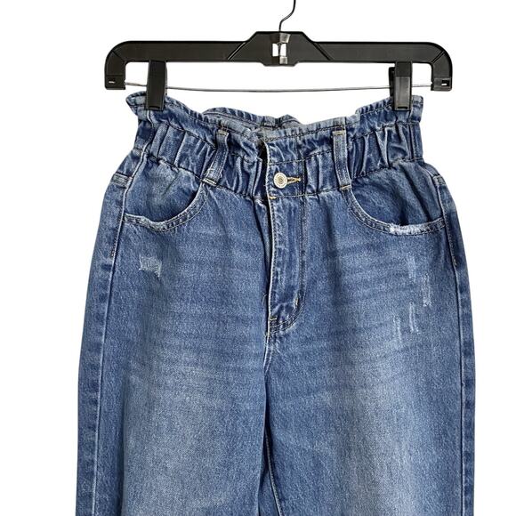 Kancan Crop Denim Jeans XS 0 24 High Rise Paper Bag Elastic Waist Distressed - Picture 2 of 9